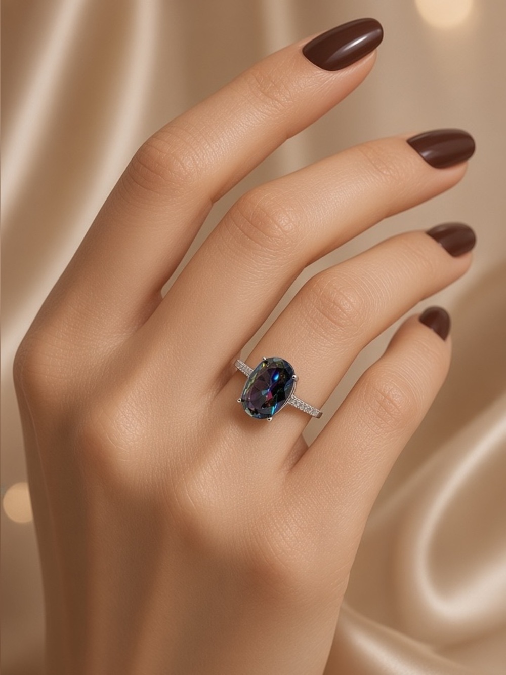 White Gold Plated Mystic Topaz Oval Solitaire Ring in Multi-Colour with CZ Band. - Picture 6 of 8